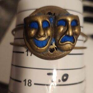 Vintage Brass Theater Mask Locket Cuff Bracelet Comedy Tragedy Blue Felt
